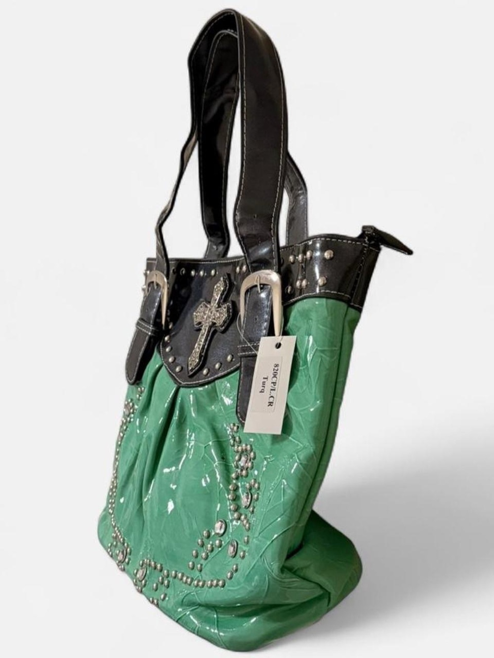 Vintage Y2K Deadstock Turquoise Faux Leather Cross Rhinestone Mcbling Purse - Picture 3 of 8